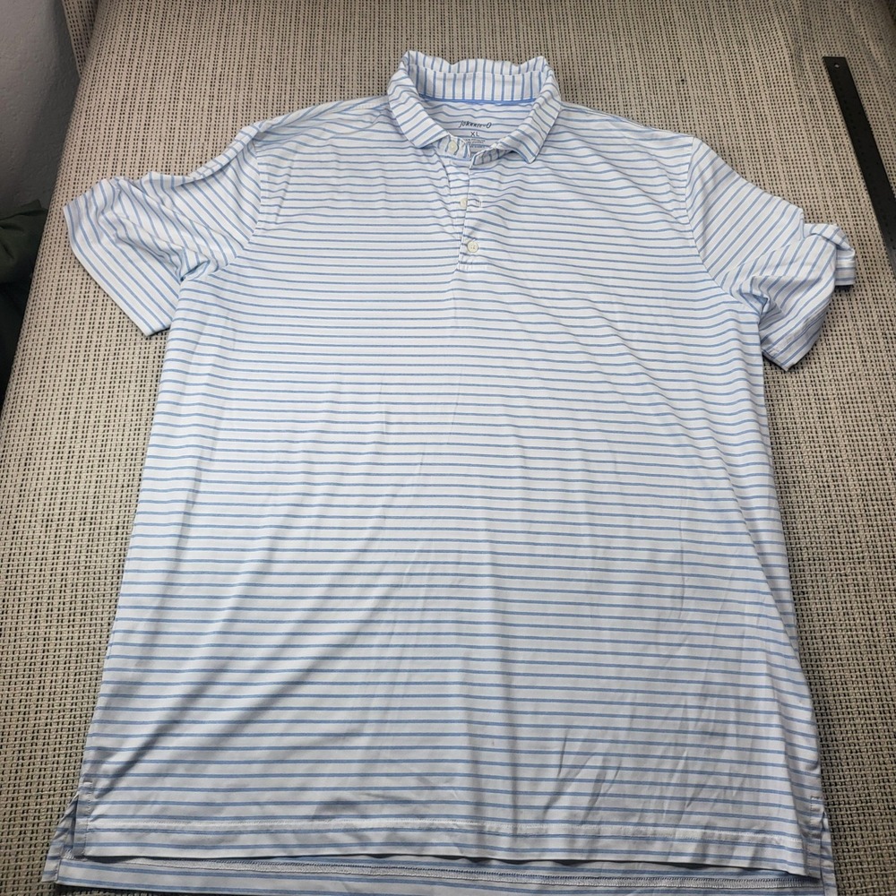 Johnnie-O Polo Shirt Mens XL White Blue Stripe Stretch Short Sleeve Casual Knit